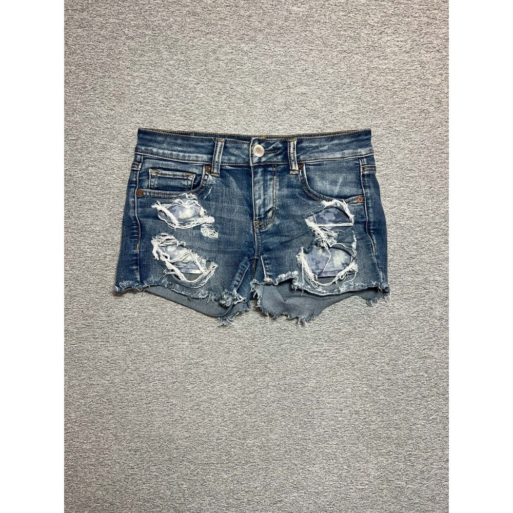 American Eagle Shorts Jeans Women 4 Midi Super Stretch Distressed  Blue Denim .